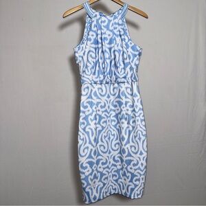 Gretchen Scott Designs Blue and White Midi Dress Small Stretch Designer